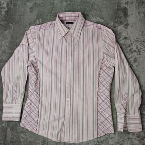 7 Diamonds Shirt Mens XL Pink White Striped Plaid‎ Button Down Western Stitched